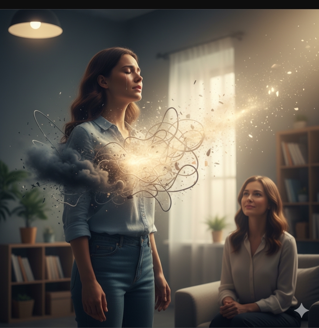 תמונה מופשטת של שני אנשים עם קווים המחברים את מוחותיהם, המייצגת טיפול דינמי