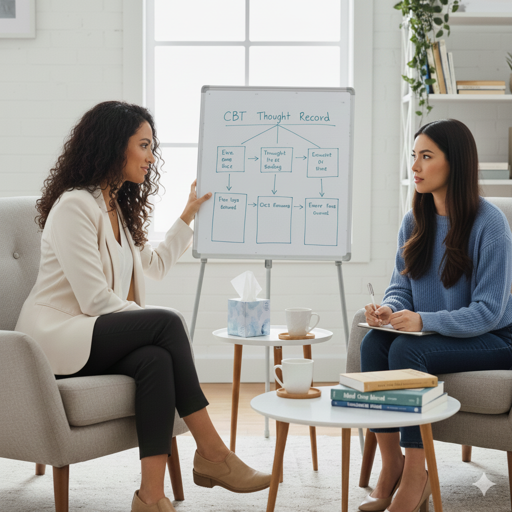 איור מוחי עם גלגלי שיניים, המייצג טיפול CBT