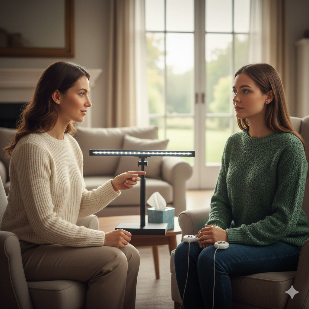 איור של ראש בפרופיל עם גלים המדגימים גירוי דו-צדדי, המייצג טיפול EMDR