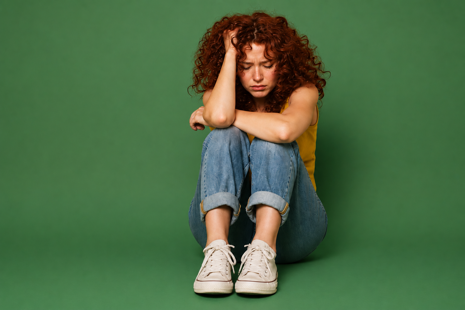 אישה יושבת על הרצפה עם יד על הראש — תחושת עומס ותקיעות