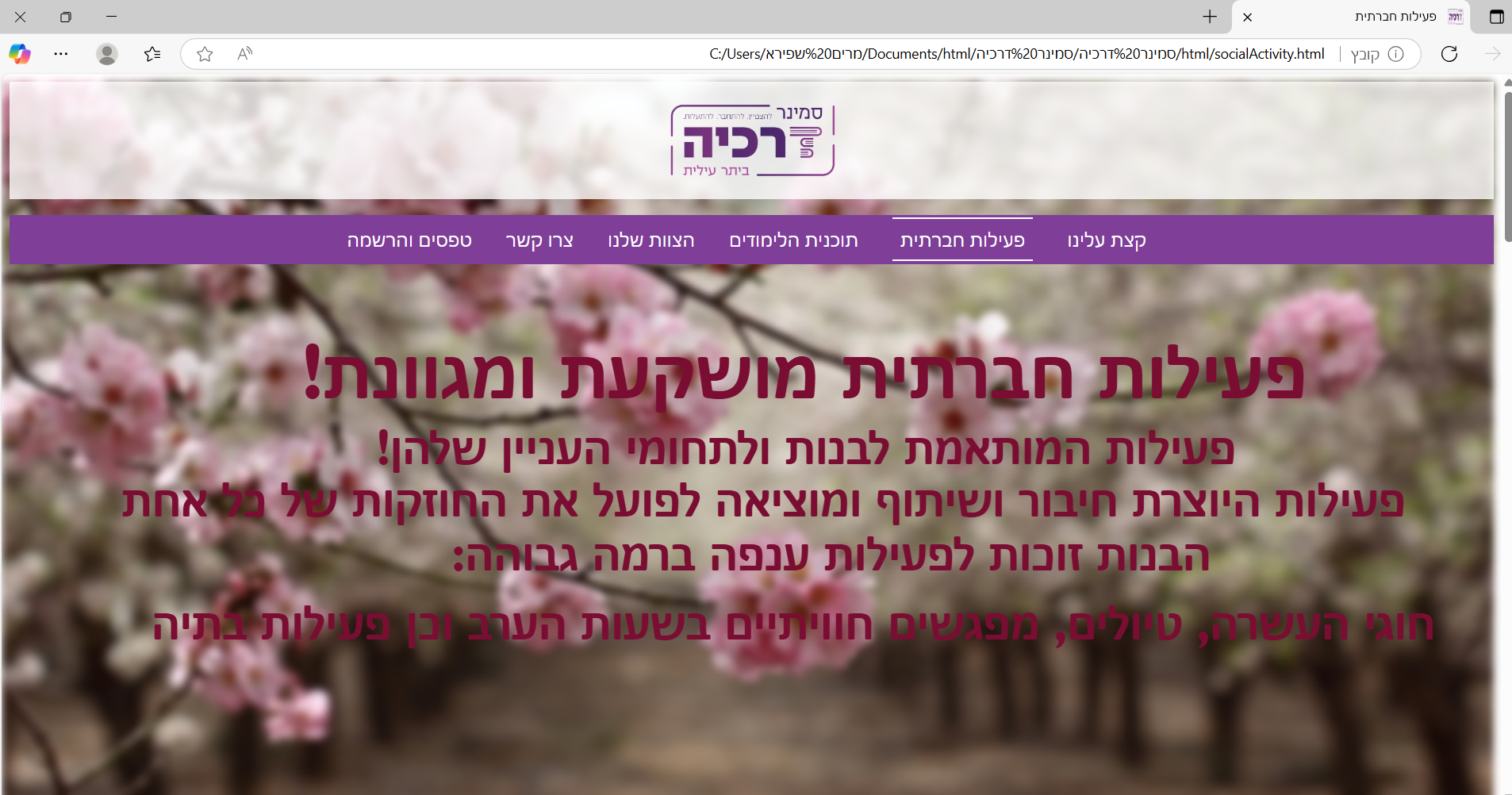 תוכנית לימודים בסמינר דרכיה