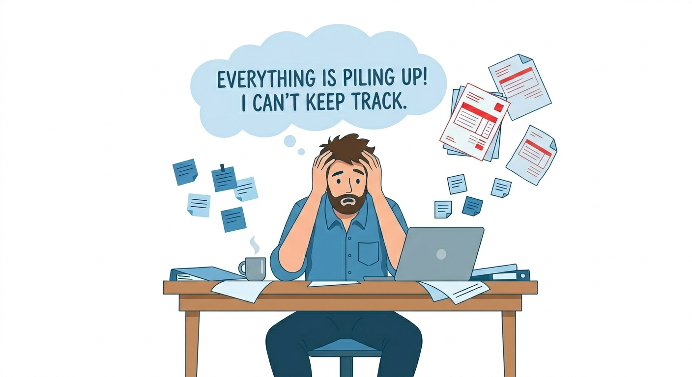 Overwhelmed business owner surrounded by tasks and paperwork — the admin vortex